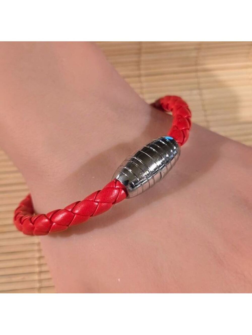 Red Braided Thick Vegan Leather Magnetic Clasp Bangle Bracelet